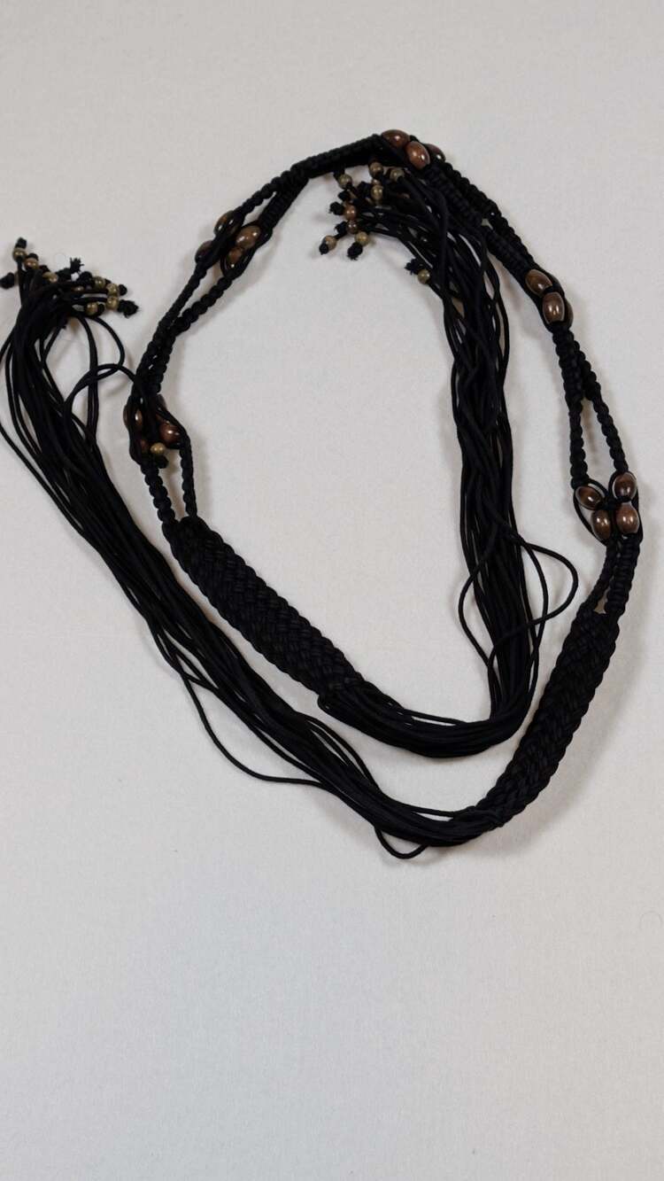 Women's Bohemian Hand-Woven Wax Rope Waist Belt with Tassels and Wooden Beads